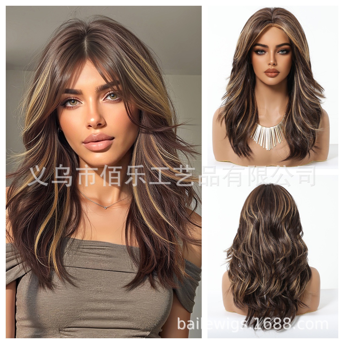 Pelucas marrones con picadura, flequillo de ocho caracteres, cabello largo y rizado transfronterizo, cubierta de cabeza completa, fibra química femenina, spot europeo y americano al por mayor wigs