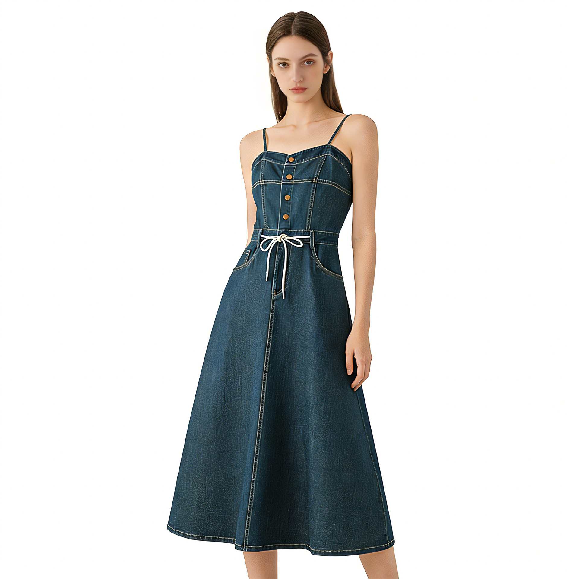 Đầm maxi nữ denim phong cách vintage thiết kế dây đeo thắt eo — xanh lam chi tiết 5