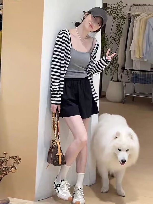 夏季韩系一整套绝美条纹长袖防晒开衫配吊带配显瘦阔腿短裤三件套|undefined
