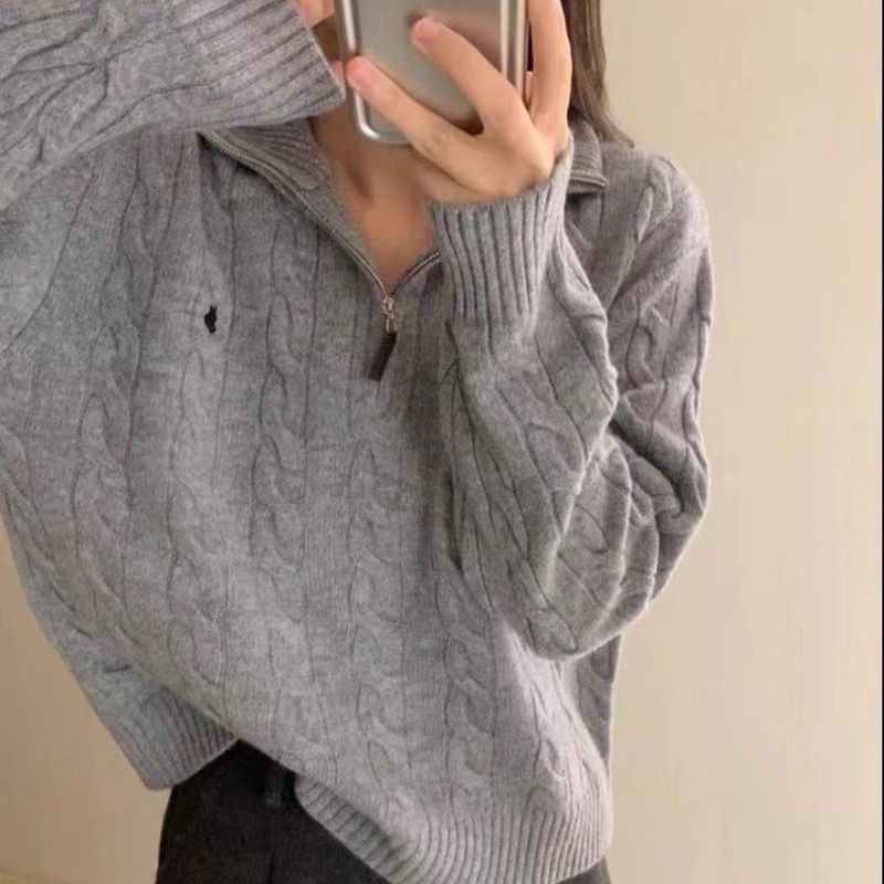 韩系小马刺绣半拉链套头高领厚毛衣秋冬休闲百搭麻花针织衫女|undefined