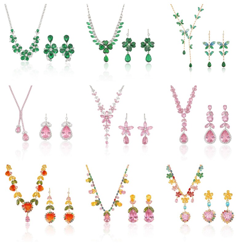 Cross-Border Set European and American Style New Fashion Trendy Zircon Emerald Necklace Earrings Plum Blossom Elegant Clavicle Chain Cross-Border Set European and American Style New Fashion Trendy Zircon Emerald Necklace Earrings Plum Blossom Elegant Clavicle Chain