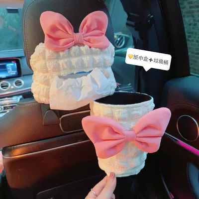 Visor, Seat Hanging Type, Cute, Simple, Car tissue box/set - no-specifications-puff-pink-big-bow-tissue-box-trash-can