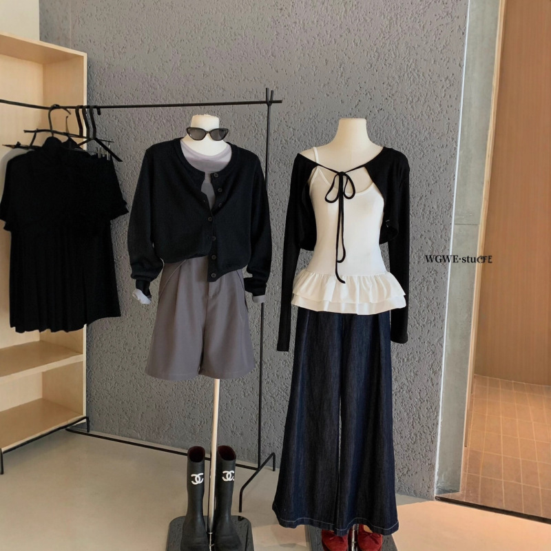 WGWE7163#韩系两件套黑色防晒披肩罩衫+女早秋白色吊带套装|undefined