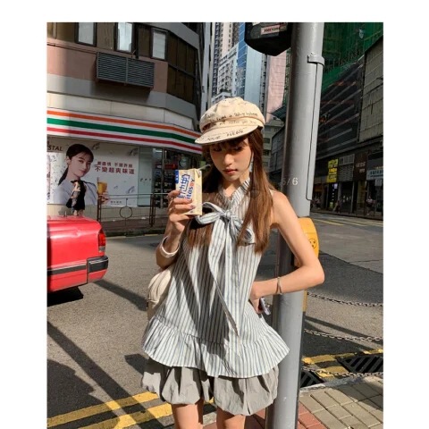 Zero-Degree Soda Korean Style Sleeveless Striped Stand Collar Shirt for Women, New Summer Fresh Bow Blouse Top Zero-Degree Soda Korean Style Sleeveless Striped Stand Collar Shirt for Women, New Summer Fresh Bow Blouse Top