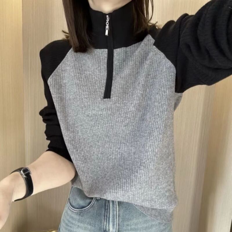 2024 Autumn and Winter Loose Velvet Warm Inner High Collar Base Shirt Top Zipper Design Color Matching Casual Sweater Women 2024 Autumn and Winter Loose Velvet Warm Inner High Collar Base Shirt Top Zipper Design Color Matching Casual Sweater Women