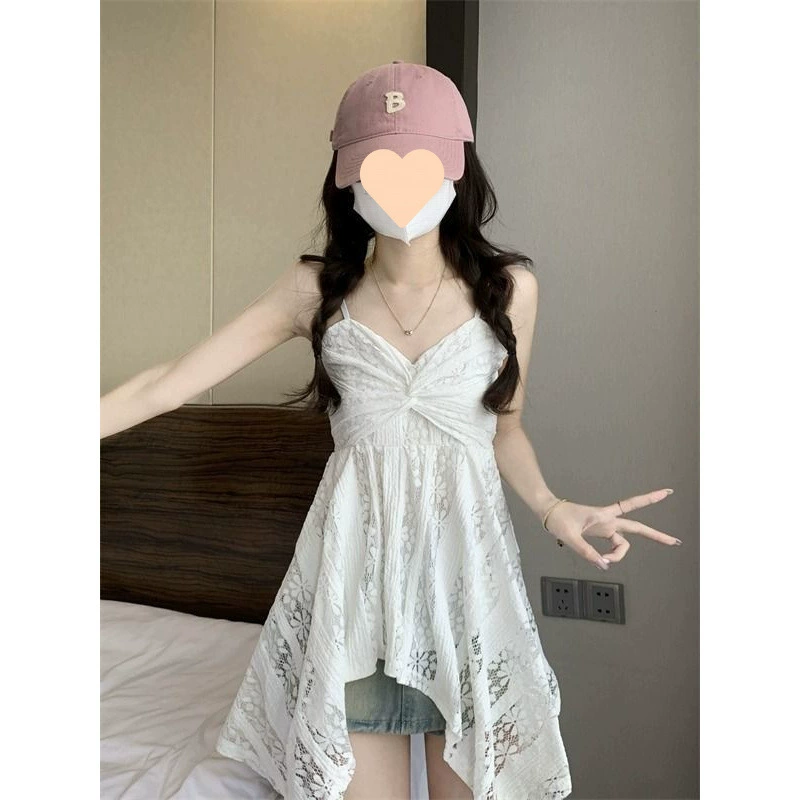 Женский летний топ-жилет с завязками на воротнике, кружевными вставками, неровным подолом и завышенной талией, новый стиль.