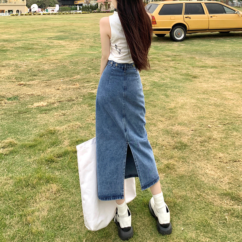 女性のためのハイウエストスリットデニムスカート 2025 新しい夏の小さな A ラインスカートレトロヒップカバーロングスカート|undefined