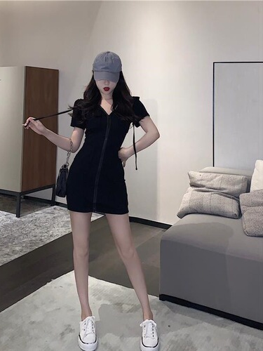 [6535 fish scale fabric] slim slimming, hooded, zipper, sweet or salty, short-sleeved dress, women's casual dress
