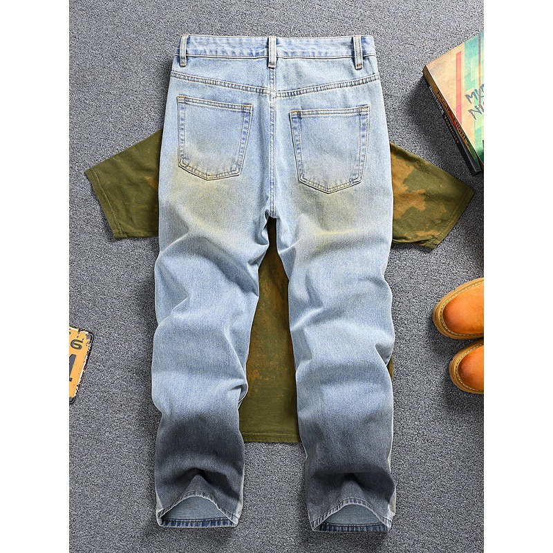 Men's Vintage Washed Jeans - Relaxed Straight-Leg High Street Denim Pants With Wave Crease Design, Light Blue_mkmklike.com