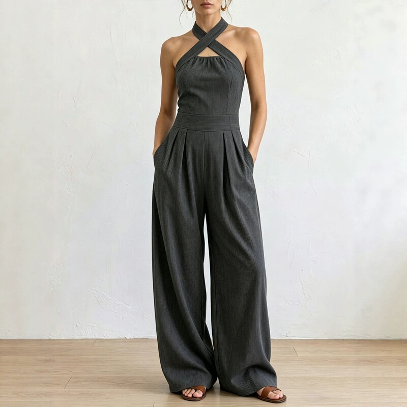 New European and American cross-border summer elegant off-shoulder sleeveless cross-neck jumpsuit with wide legs, woven stripes, and solid color for women New European and American cross-border summer elegant off-shoulder sleeveless cross-neck jumpsuit with wide legs, woven stripes, and solid color for women