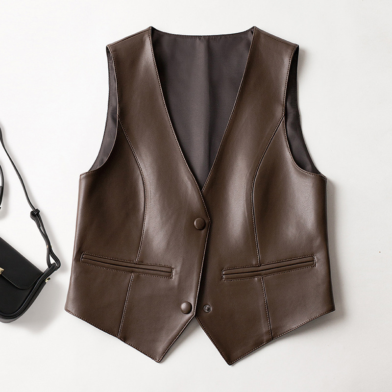 Leather Vest Women's Spring and Autumn short new retro fashion loose PU short brown coat top waistcoat Leather Vest Women's Spring and Autumn short new retro fashion loose PU short brown coat top waistcoat