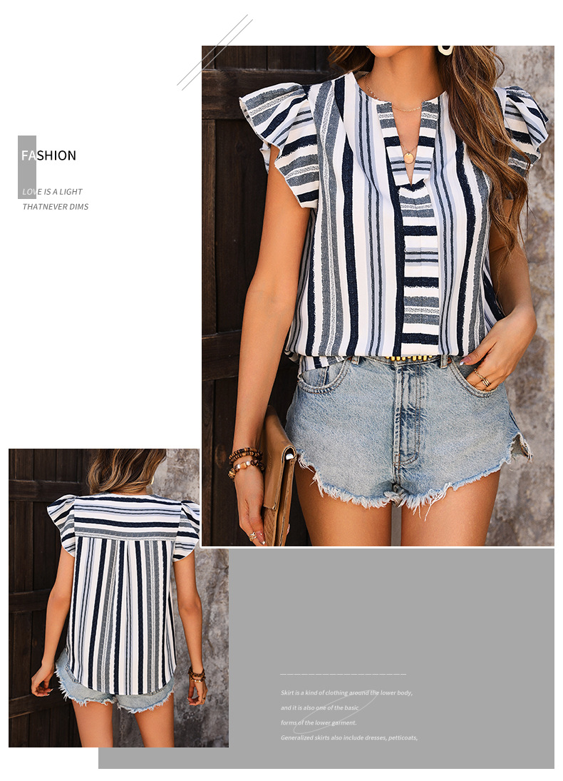 Pulloverhemd mit Patchwork-Muster, Lotusblatt-Ärmeln und kontrastierenden Streifen_voghion.com