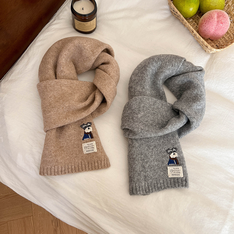 Wool Pure Color Thickeneded Knitted Scarf for Couples, Soft and Waxy Embroidered Folded-Eared Puppy, Versatile Neck Scarf for Women Wool Pure Color Thickeneded Knitted Scarf for Couples, Soft and Waxy Embroidered Folded-Eared Puppy, Versatile Neck Scarf for Women