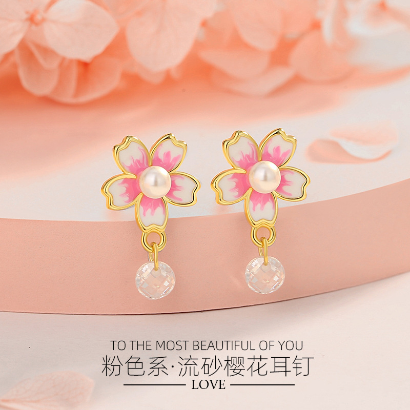 S925 plata Rosa dulce flor de cerezo aretes hembra flor fresca flor perla pendientes borla diamante-incrustado joyería
