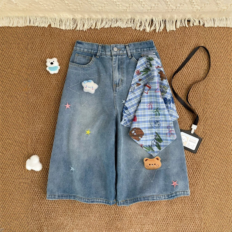 Women's Embroidered Cropped Jeans 2026 Summer New American Style Thin Loose Vintage Wide-Leg Mid-Length Shorts 7/8 Length Shorts Women's Embroidered Cropped Jeans 2026 Summer New American Style Thin Loose Vintage Wide-Leg Mid-Length Shorts 7/8 Length Shorts