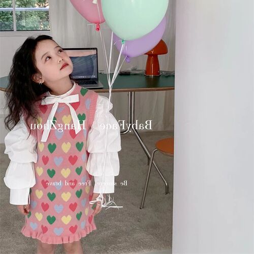 Girls' Set 2024 Spring New Arrival Korean Style Children's Bubble Sleeve Butterfly Knot Shirt Love Knit Princess Dress