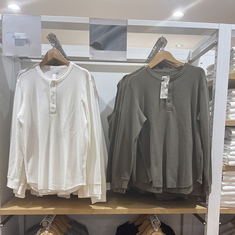 Men's and Women's Clothing Couple's Waffle Henley Collar T-Shirt Daily Order Autum Long-Sleeved Versatile Top Y442014