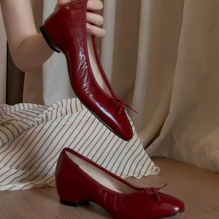 Special Height-Increasing Retro Red Wedding Shoes for Women, Shallow Flat Shoes with Bowknot Ballet Mary Jane Shoes