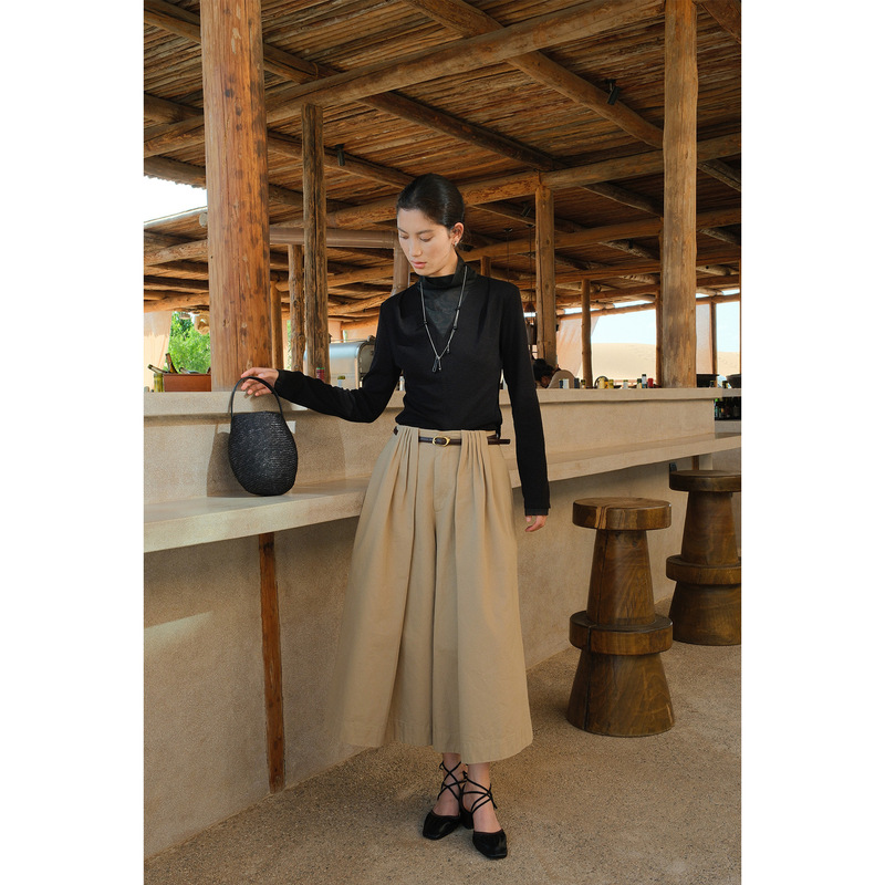 COMOS CMS Cotton High-Waisted Pleated Three-Quarter Wide-Leg Skirt Pants, Hip-Covering Versatile Pants for Women, Autumn 260137 COMOS CMS Cotton High-Waisted Pleated Three-Quarter Wide-Leg Skirt Pants, Hip-Covering Versatile Pants for Women, Autumn 260137