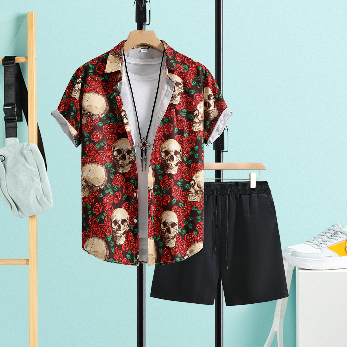 레드 로즈 해골 블랙 바지 세트