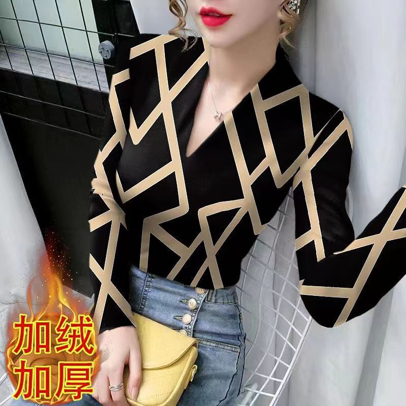 Golden Korean V-neck leopard print long-sleeved T-shirt women's spring, autumn and winter fashion thickened fleece top bottoming slim warm free shipping