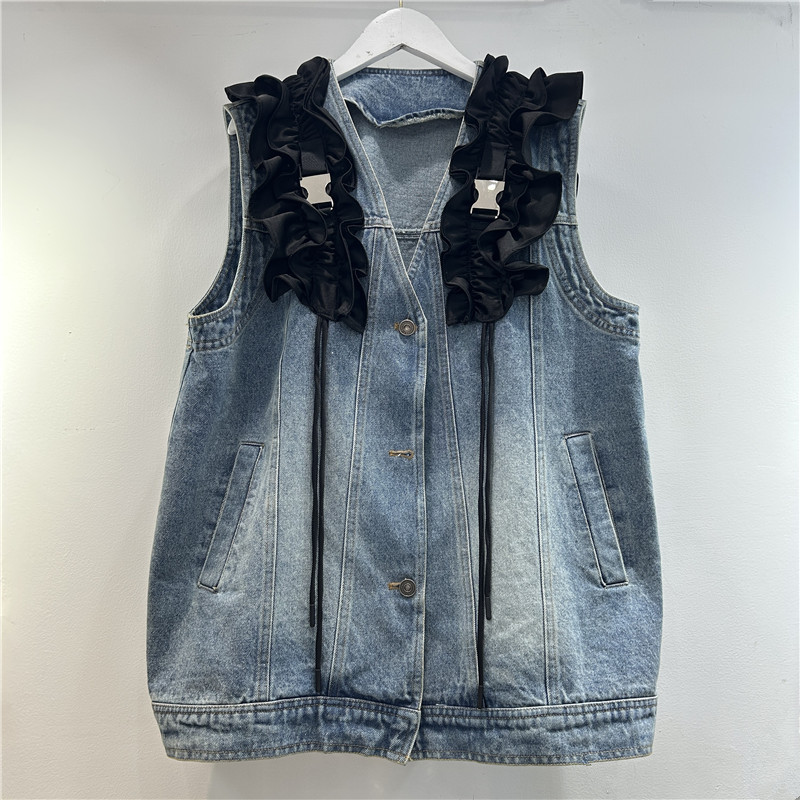 Europa estación vaquero chaleco de mujer 2025 primavera y otoño nuevo borde de loto empalme clip de caballo chaqueta de cuello en V sin mangas image 1
