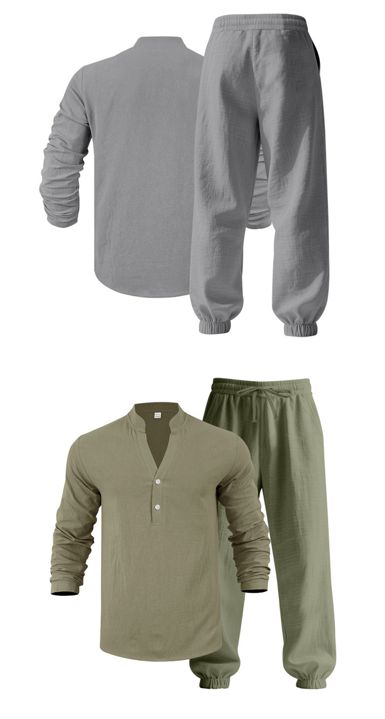 Completo uomo camicia henry e pantaloni in lino casual_voghion.com