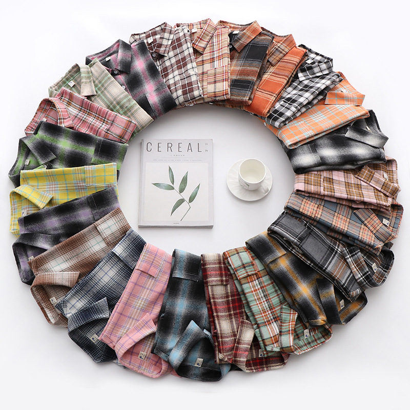 Spring and Autumn Brushed Plaid Shirt for Women Retro Hong Kong Style Ins New Korean Style Loose Long-Sleeved Niche Shirt Jacket