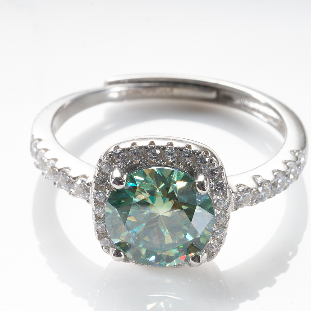 S925 plata esterlina pt950 oro femenino 1 quilates azul verde anillo de diamante de mosaico cuatro garras paquete cuadrado anillo de piedra de mosaico