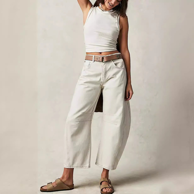 Cross-border New Cross-border European and American Hot-selling Wide-leg Loose Jeans Women's Medium-low Waist Washed Denim