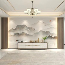 新中式电视背景墙壁纸高级感客厅3d立体影视墙布山水墨画墙纸壁画