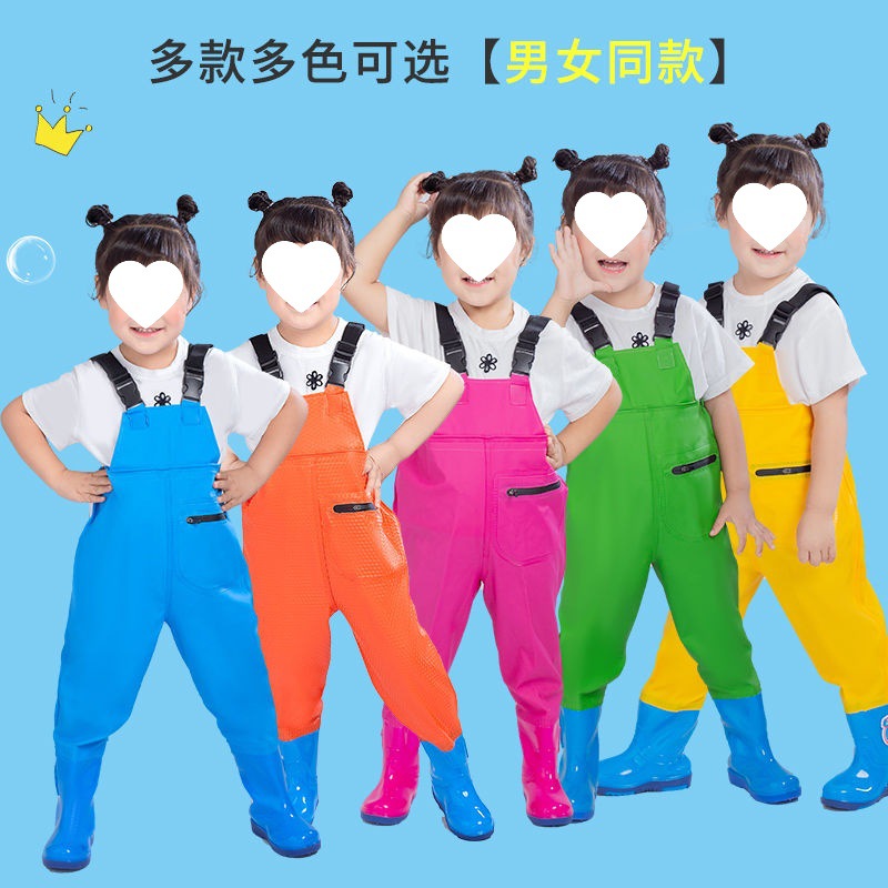Children's Suspender Waders, Kidsren's Water Play Waterproof Clothing, Thickeneded Fish Catching Kindergarten Baby One-Piece Rain Boots for Boys and Girls