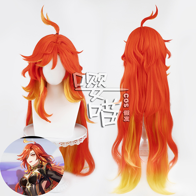 Meow original fire god mavica cosplay wig simulation scalp top gradient long hair cos wig