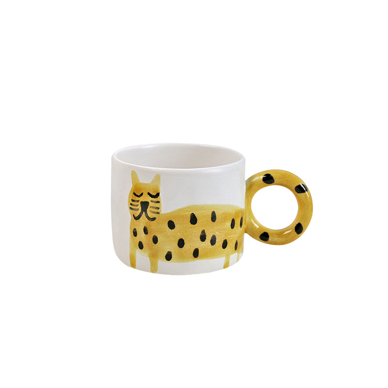 INS lindo pintado a mano gato Tigre taza Placa de dibujos animados cerámica pareja taza de café simple