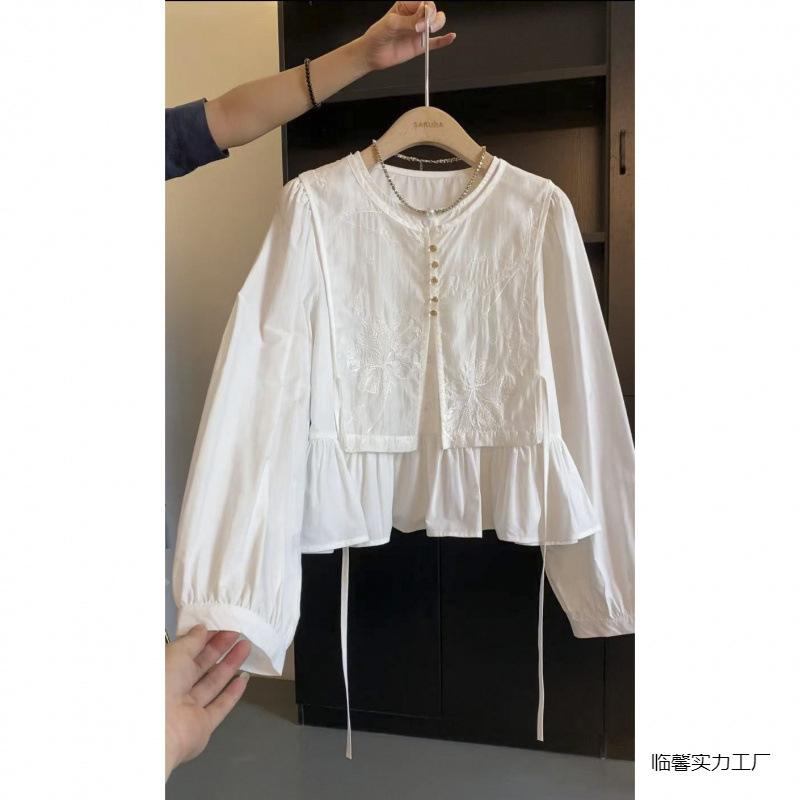 璎婲2025春季新款新中式精美刺绣娃娃衫假两件绑带气质衬衫临馨|undefined