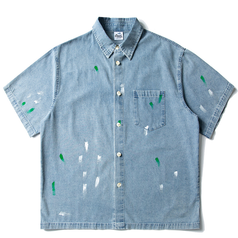 Japanese Style Vintage Washed Paint Dot Splash Ink Denim Short Sleeve Shirt Men's and Women's Loose Half Sleeve Casual Tooling Shirt Trendy Japanese Style Vintage Washed Paint Dot Splash Ink Denim Short Sleeve Shirt Men's and Women's Loose Half Sleeve Casual Tooling Shirt Trendy