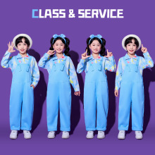 儿童啦啦队演出蓝色背带裤套装小学生运动会开幕式表演拉拉操班服