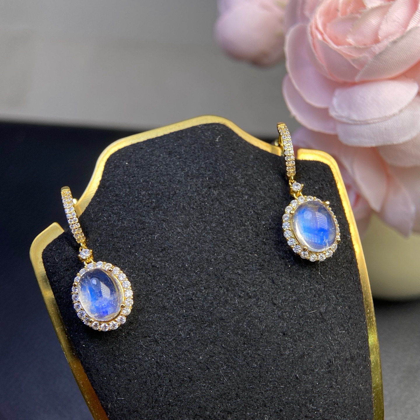 Natural moonstone earrings with intense blue shimmer, finely crafted with 925 silver, 7*9mm
