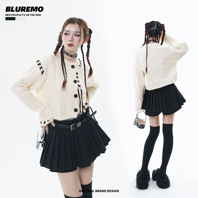 BLUREMO | Diseño de nicho americano de felpa suéter corto de manga larga borla contraste color cuerda suéter Delgado