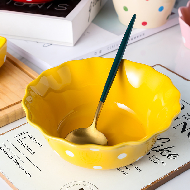 Fashionable Household Large Reverse Mouth Rice Bowl Thickeneded Ceramic Fruit Salad Bowl Polka Dot Tableware Instant Noodle Bowl Soup Noodle Bowl