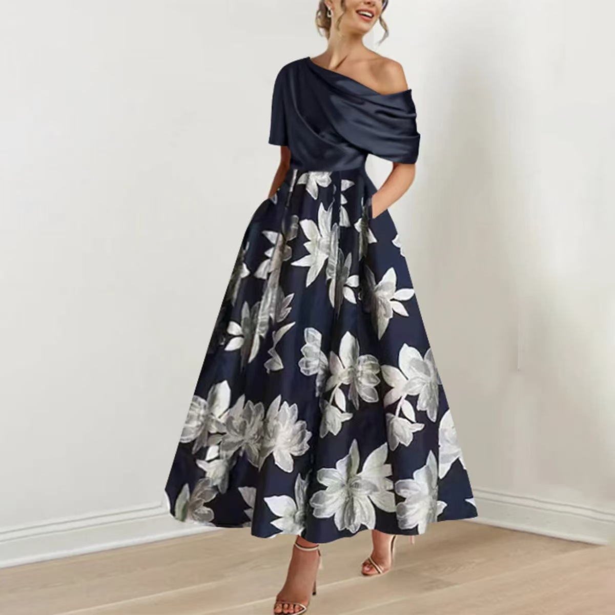 ​​"Retro One Shoulder Swing Dress - Audrey Hepburn Inspired Floral Print Party Dress For Women, Slim Fit Summer Cocktail Dress_ecoleips.com