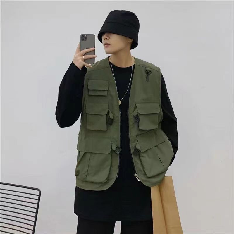 Japanese Style New Solid Color Vest Loose Workwear Functional Vest Autumn New Trendy Sleeveless Vest