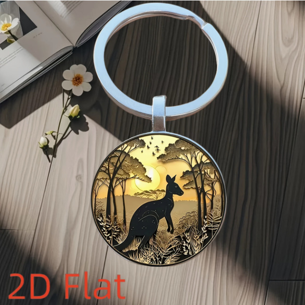 Cross-Border Hot Selling Cute Kangaroo Keychain - Compact and Lightweight Design with Sunset Silhouette and Bird Pattern