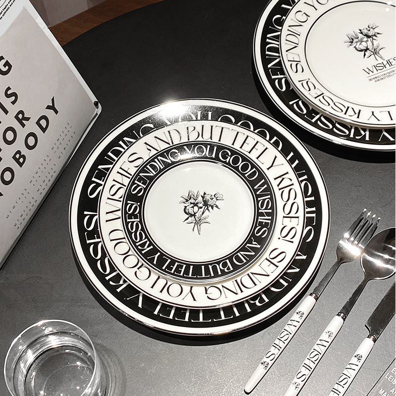 Italian-Style Light Luxury Ceramic Tableware, Simple Plate with Hepburn-Style English Border, Modern High-Value Plate, Knife and Fork