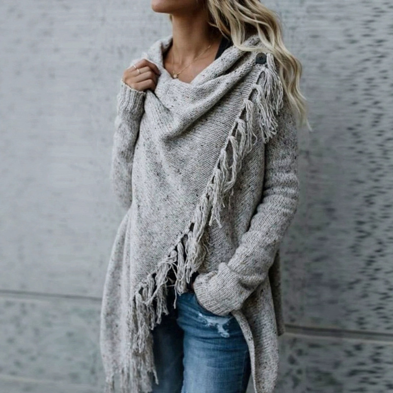 Foreign Trade Cross-Border European and American Amazon Source Manufacturer Knitted Long-Sleeved Sweater Pure Color Ribbed Tassel Spring & Fall Style