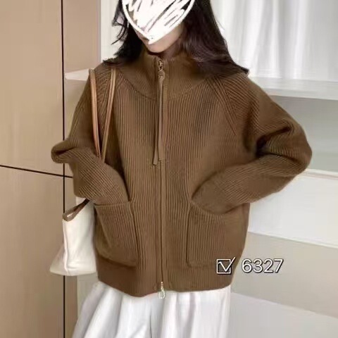 Stand Collar Zipper Long-Sleeved Knitwear Autumn and Winter New Export Style Loose Pure Color Casual Knitwear Cardigan Jacket for Women