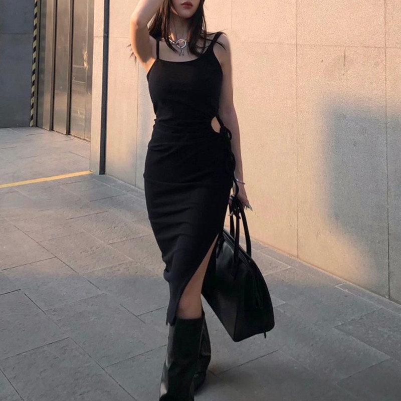 black sleeveless irregular hollow waist-girding slit sling dress NSBJD117819