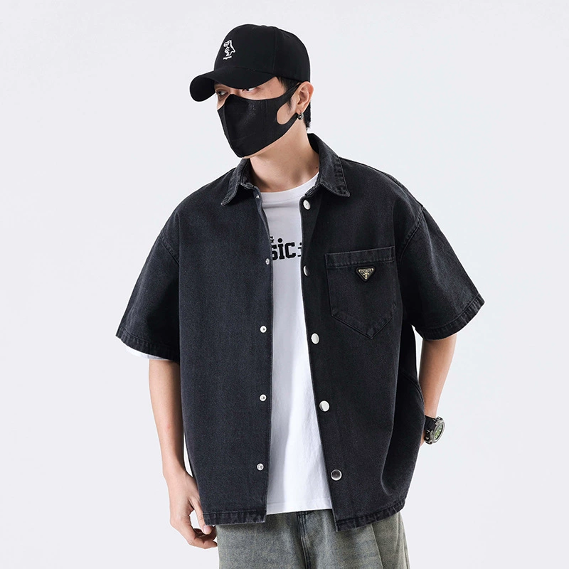 Новая джинсовая куртка-рубашка Nina Gray в стиле американского хай-стрит, весна-лето 2025, с отложным воротником и коротким рукавом, цвет серый, эффект потертости