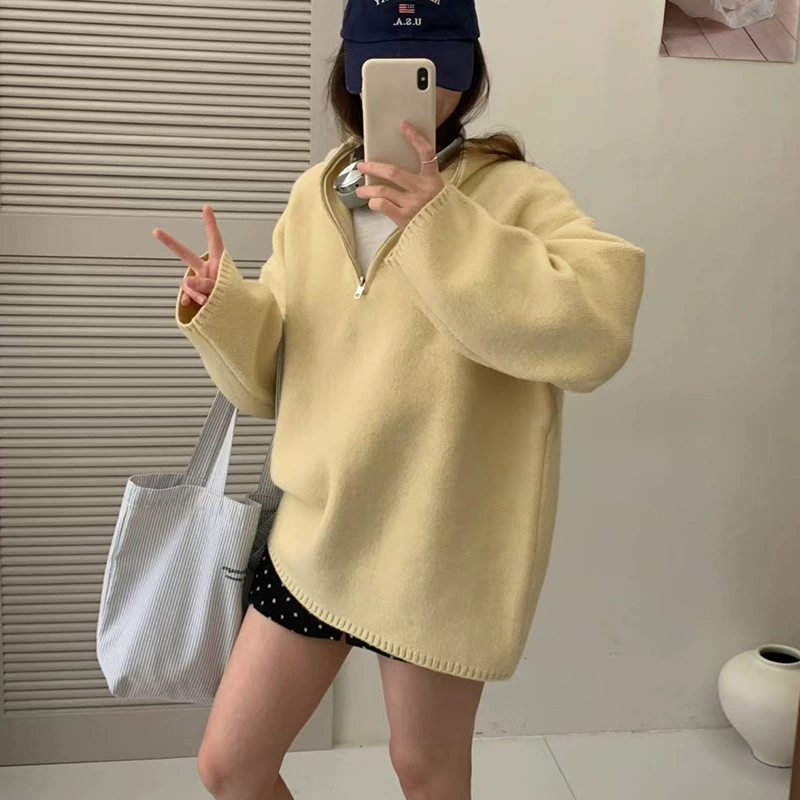 Корейский толстый MM свободная большая версия ленивого ветра полурны с капюшоном вязаный свитер женский дикий свитер средней и длинной одежды