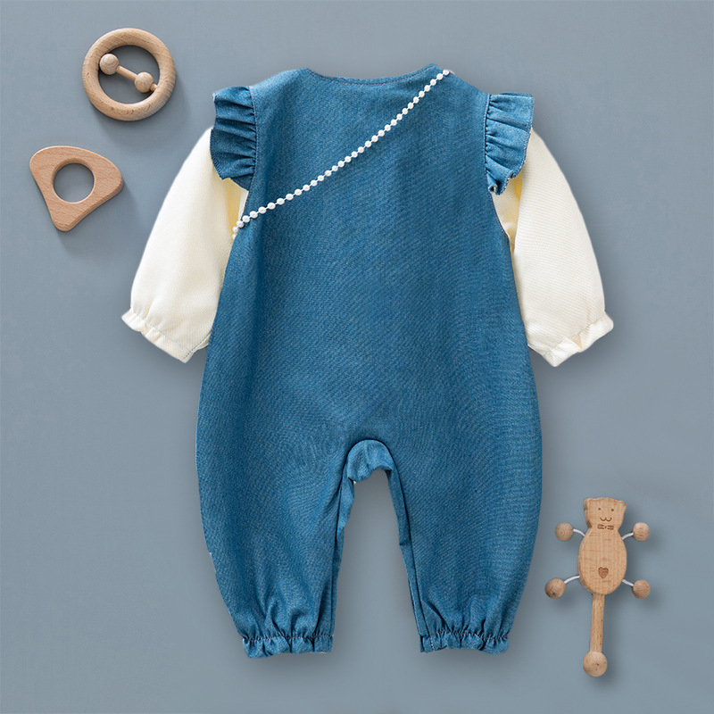 Estilo occidental bebé niña primavera y otoño mono recién nacido doble capa Denim mameluco 0-1 años de edad dulce lindo moda lindo mameluco